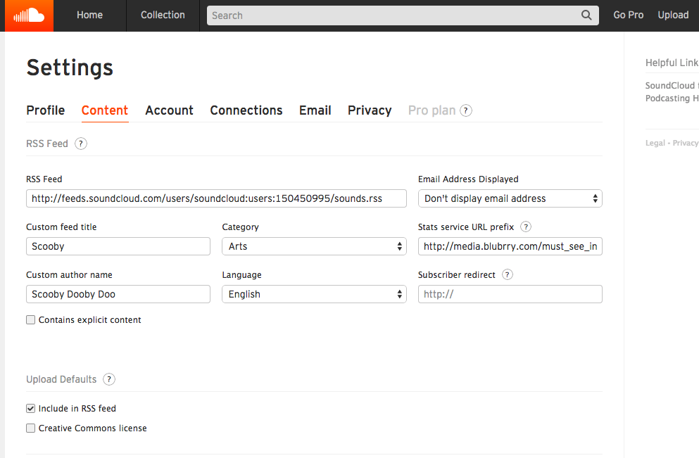 Screenshot of SoundCloud dashboard settings