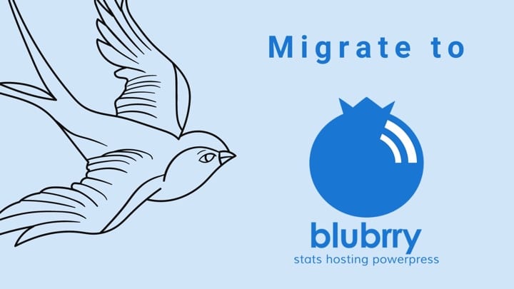 Graphic of a bird on the left flying ("migrating") toward the Blubrry Podcasting logo