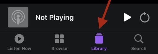 Screenshot of a red arrow pointing at the Library icon within the Apple Podcasts iOS app