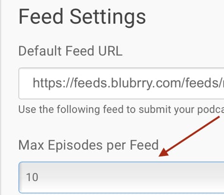 Screenshot of a red arrow pointing at the Max Episodes per Feed dropdown menu