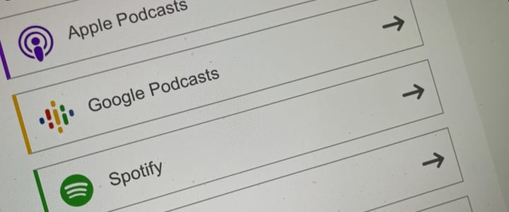 PowerPress sidebar icons in a row for Apple Podcasts, Google Podcasts, and Spotify subscription links