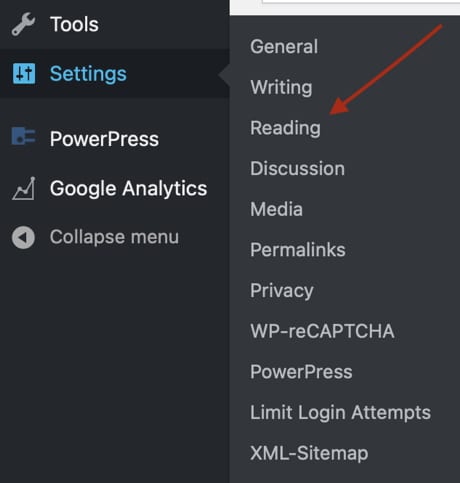 Screenshot of red arrow pointing at the Reading settings link in WordPress settings