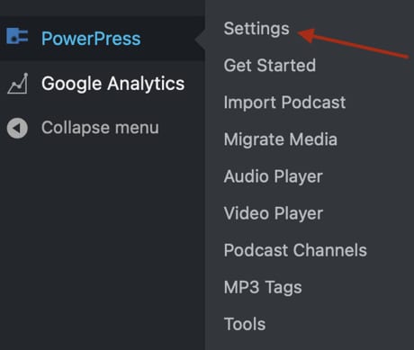Screenshot ot a red arrow pointing at the Settings link inside the PowerPress menu
