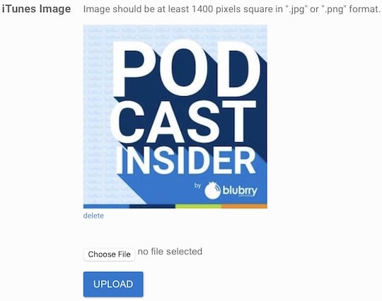 Screenshot of the Blubrry Publisher Artwork dashboard showing uploaded podcast artwork for Podcast Insider