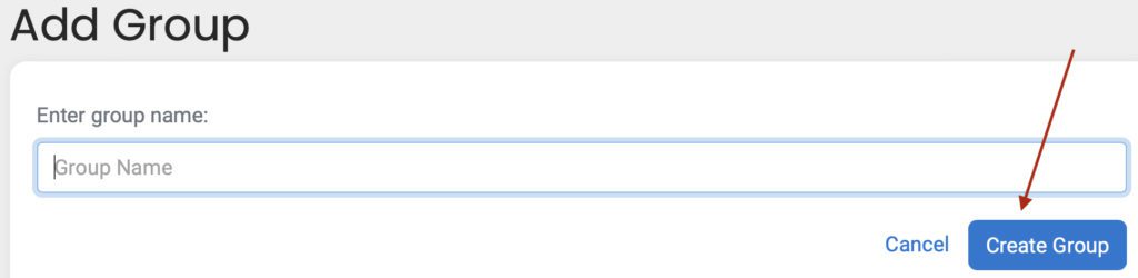 Screenshot with a red arrow pointing at the Create Group button