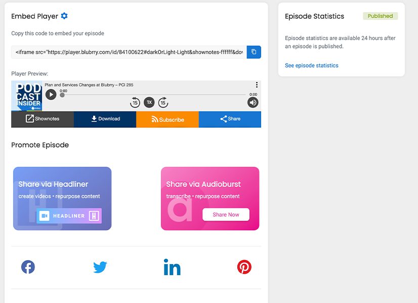 Blubrry Podcasting dashboard page with example of customizable podcast player and social media posting options.