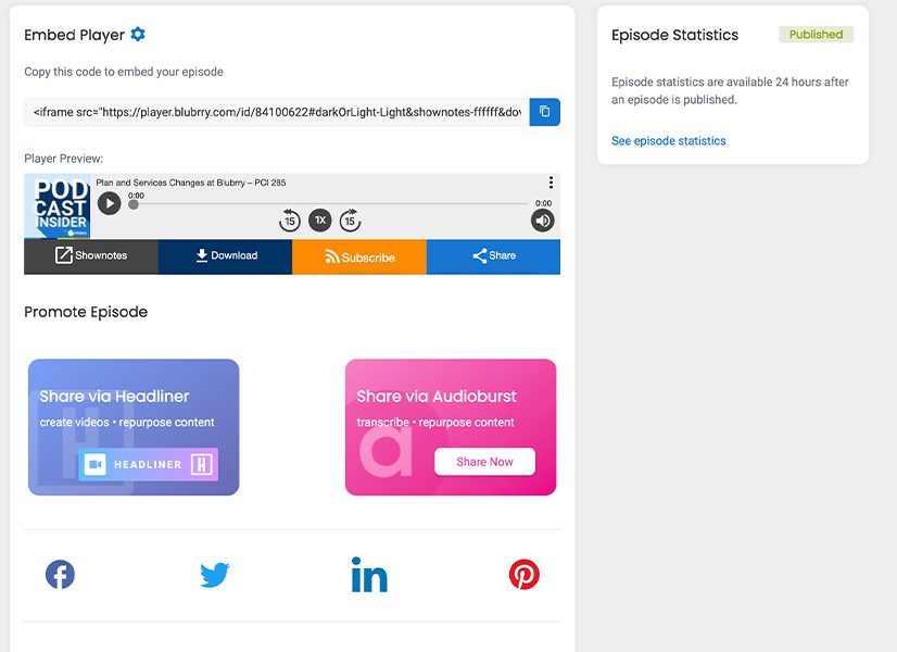 Blubrry ray雷竞技Podcasting仪表板页面与可自定义播客播放器和社交媒体发布选项的示例。