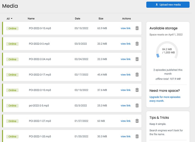 Blubrry Podcasting hosting media files page.