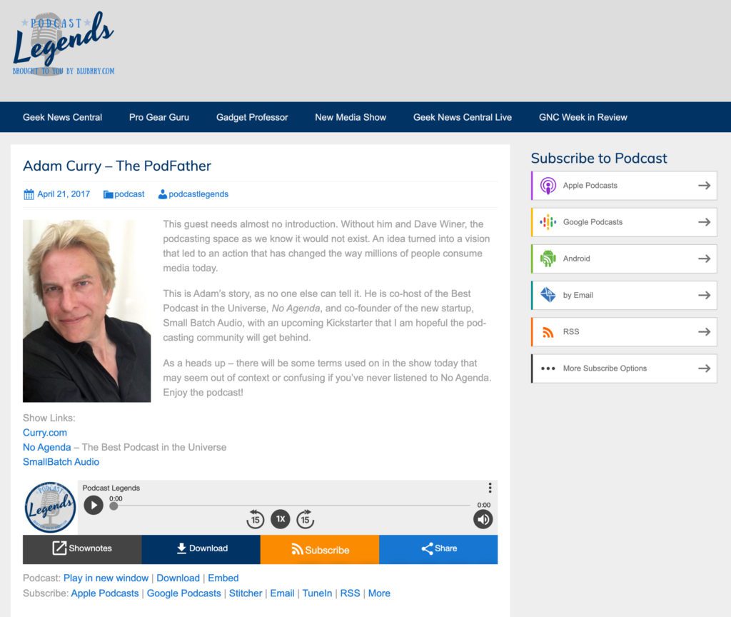An example of Blubrry's WordPress website page, free with their hosting plan.