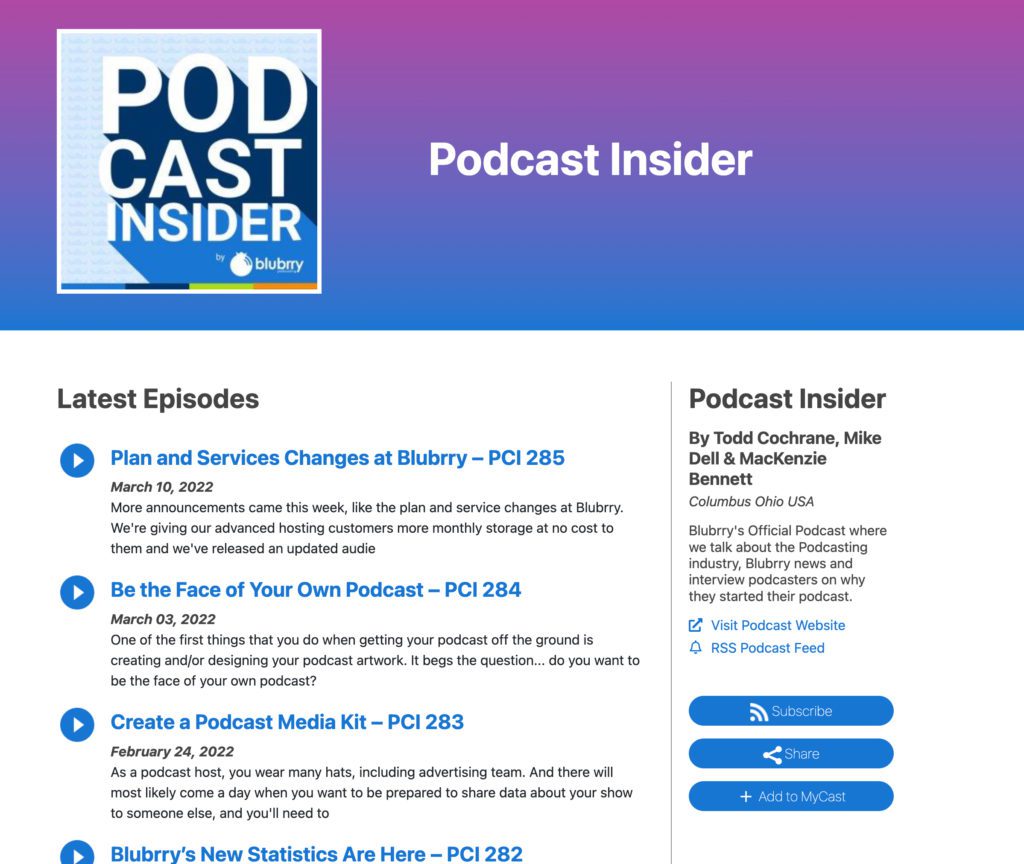 An example of Blubrry's podcast landing page, free from their directory listing.