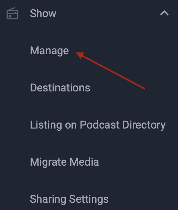 Screenshot of the Show menu with red arrow pointing at the Manage link
