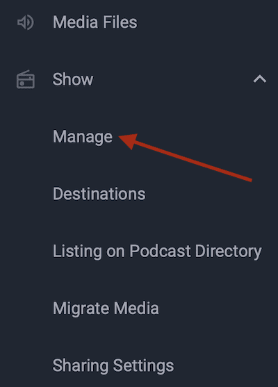 Screenshot of Blubrry dashboard sidebar with a red arrow pointing at the Manage link