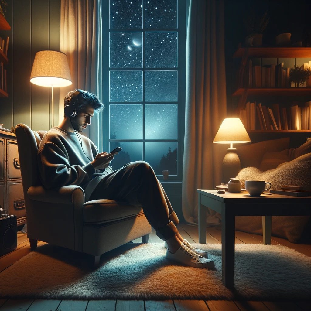 Man sitting in a chair at night by a window wearing headphones listening to a podcast looking at his phone